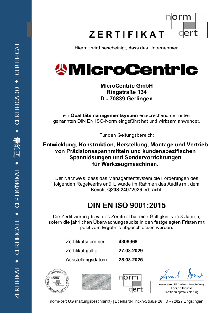 MicroCentric GmbH DIN EN ISO 9001:2015 certificate. Details are transcribed alongside the image.